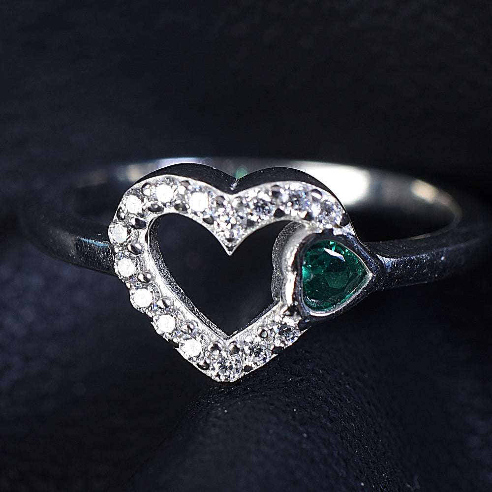 925 sterling silver ring Heart shaped Green colored cubic zirconia for women