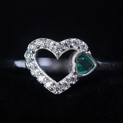 925 sterling silver ring Heart shaped Green colored cubic zirconia for women