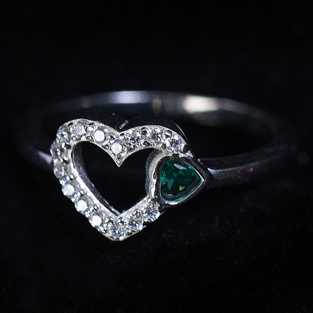 925 sterling silver ring Heart shaped Green colored cubic zirconia for women